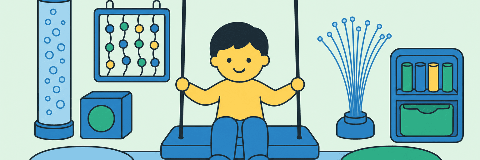 Illustration of a child on a low platform swing with soft floor cushions scattered around it